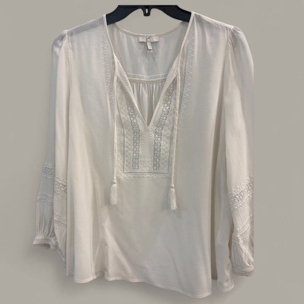 Joie Ivory Silk Embroidered Peasant Blouse Tassel Boho Top Size S